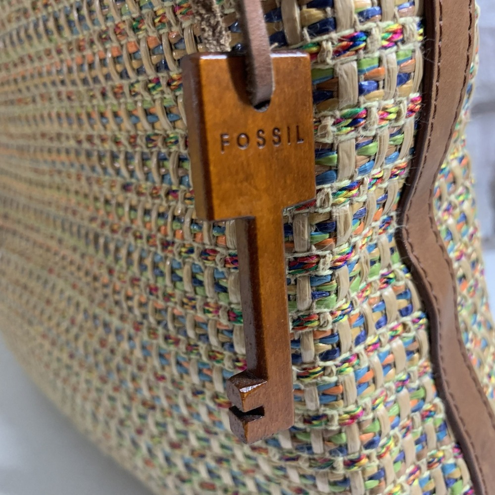 Fossil Woven Straw Leather Crossbody Handbag Multi Color 75082 Boho Tote - Picture 12 of 16